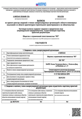 Выписка из реестра членов СРО Ассоциация «Проектировщики Ростовской области» от 08.06.2026 — сведения о члене и праве